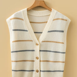 Multicolour Striped Print Button V Neck Sweater Vest
