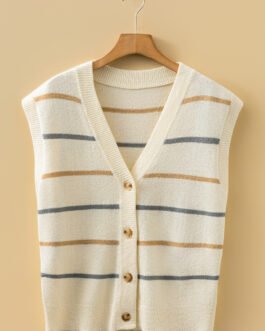 Multicolour Striped Print Button V Neck Sweater Vest