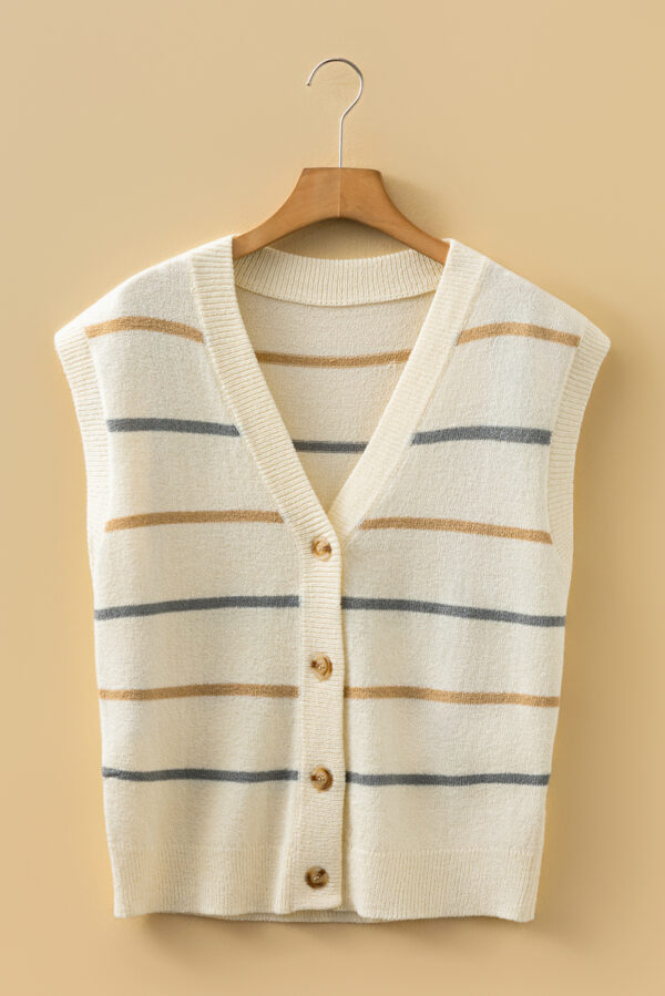 Multicolour Striped Print Button V Neck Sweater Vest