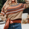 Khaki Aztec Print Colorblock Crew Neck Sweater