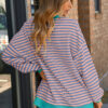 Rose Stripe Contrast Ribbed Trim Crossed Stitch Drop Shoulder Sweatshirt