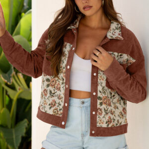Clay Ribbed Retro Floral Patchwork Shirt Style Jacket