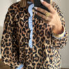 Brown Wild Leopard Print Contrast Striped Frilled Trim Chic Shirt