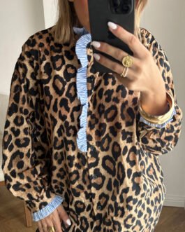 Brown Wild Leopard Print Contrast Striped Frilled Trim Chic Shirt