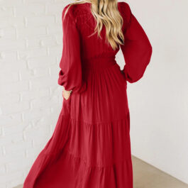 Racing Red Contrast Embroidered Detail Cinched Waist Tiered Long Sleeve Maxi Dress