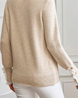 Jet Stream Lace Trim Patchwork Buttoned Cuffs Loose Sweater