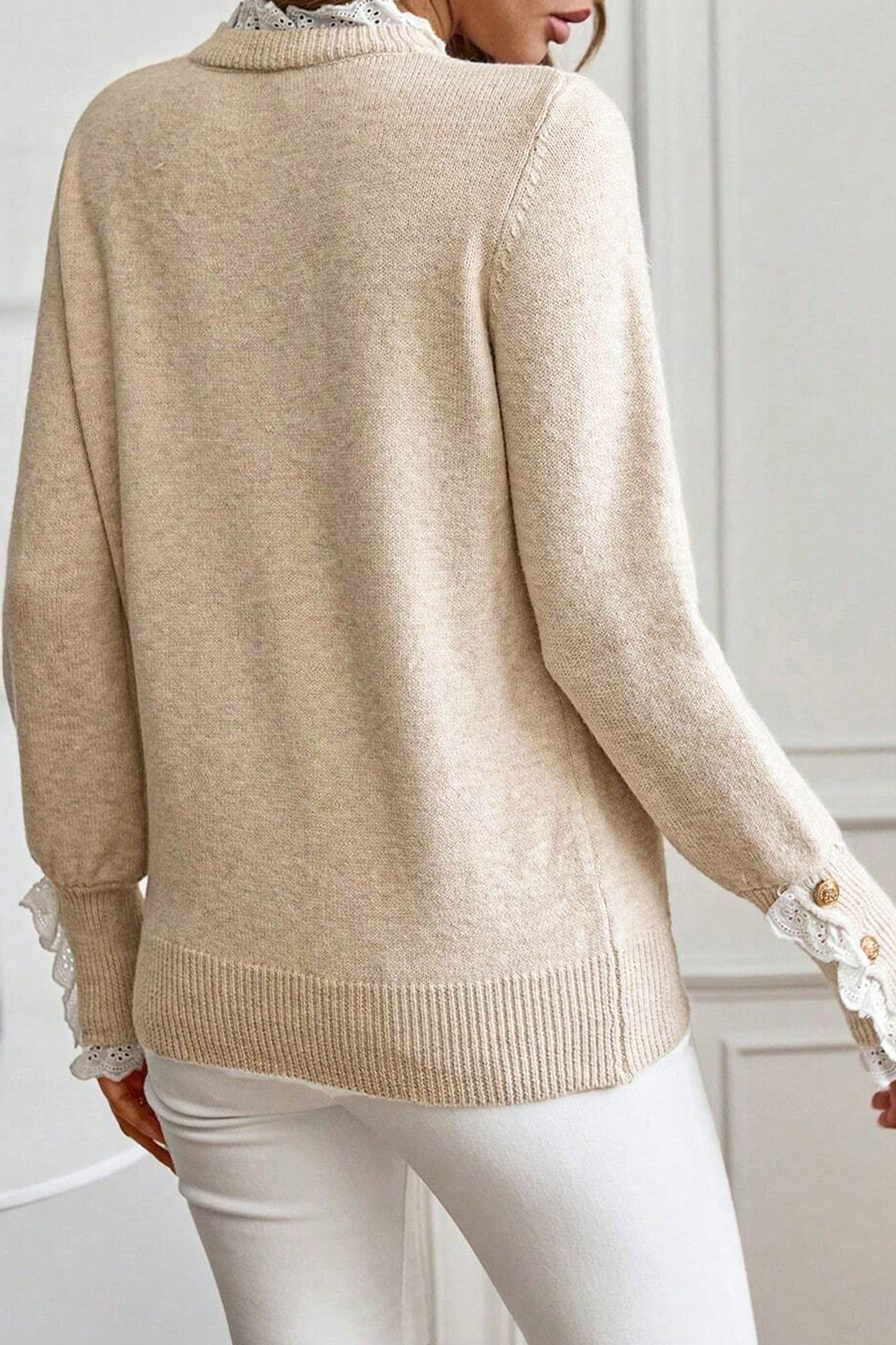 Jet Stream Lace Trim Patchwork Buttoned Cuffs Loose Sweater - Image 2