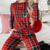 Red Festive Plaid Print Round Neck Long Sleeve and Pants 2 Piece Lounge Set
