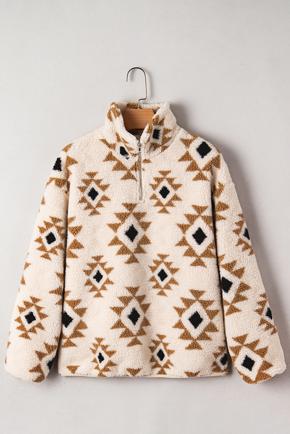 Khaki Aztec Print Sherpa Quarter Zip Collar Sweatshirt - Image 8