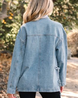 Beau Blue Multi Patched Pockets Side Tie up Boyfriend Style Denim Jacket