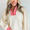 White Textured Knit Contrast Striped Accent Zipped Collar Pullover Top