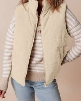 Beige Corduroy Stand Neck Zipped Puffer Vest