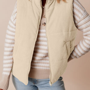Beige Corduroy Stand Neck Zipped Puffer Vest