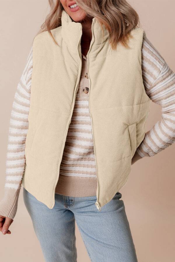 Beige Corduroy Stand Neck Zipped Puffer Vest