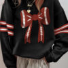 Black Varsity Baseball Bow Graphic Striped Sleeve Baggy Sweatshirt