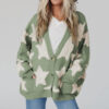 Green Sherpa Star Pattern Textured Sweater Cardigan with Pockets