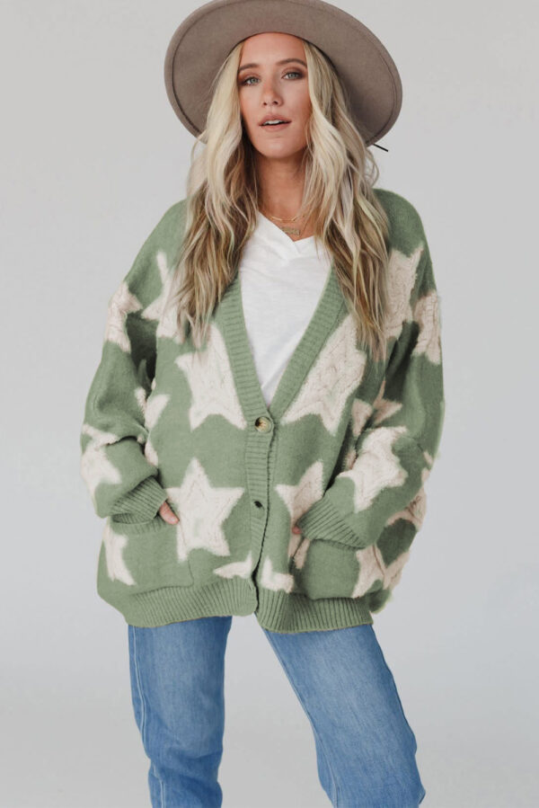 Green Sherpa Star Pattern Textured Sweater Cardigan with Pockets