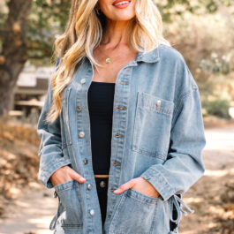 Beau Blue Multi Patched Pockets Side Tie up Boyfriend Style Denim Jacket