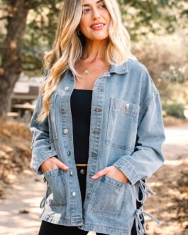 Beau Blue Multi Patched Pockets Side Tie up Boyfriend Style Denim Jacket