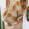 Khaki Western Pattern Knitted Button V Neck Cardigan Sweater