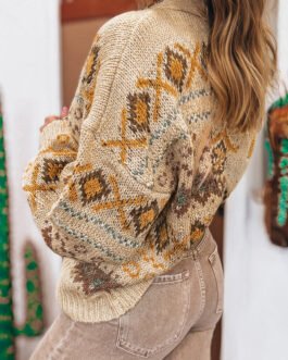 Khaki Western Pattern Knitted Button V Neck Cardigan Sweater