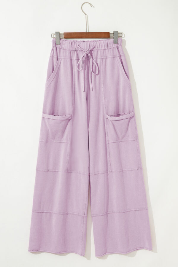 Pink Mineral Wash Exposed Seam Drawstring Elastic Waistband Wide Leg Cargo Pants