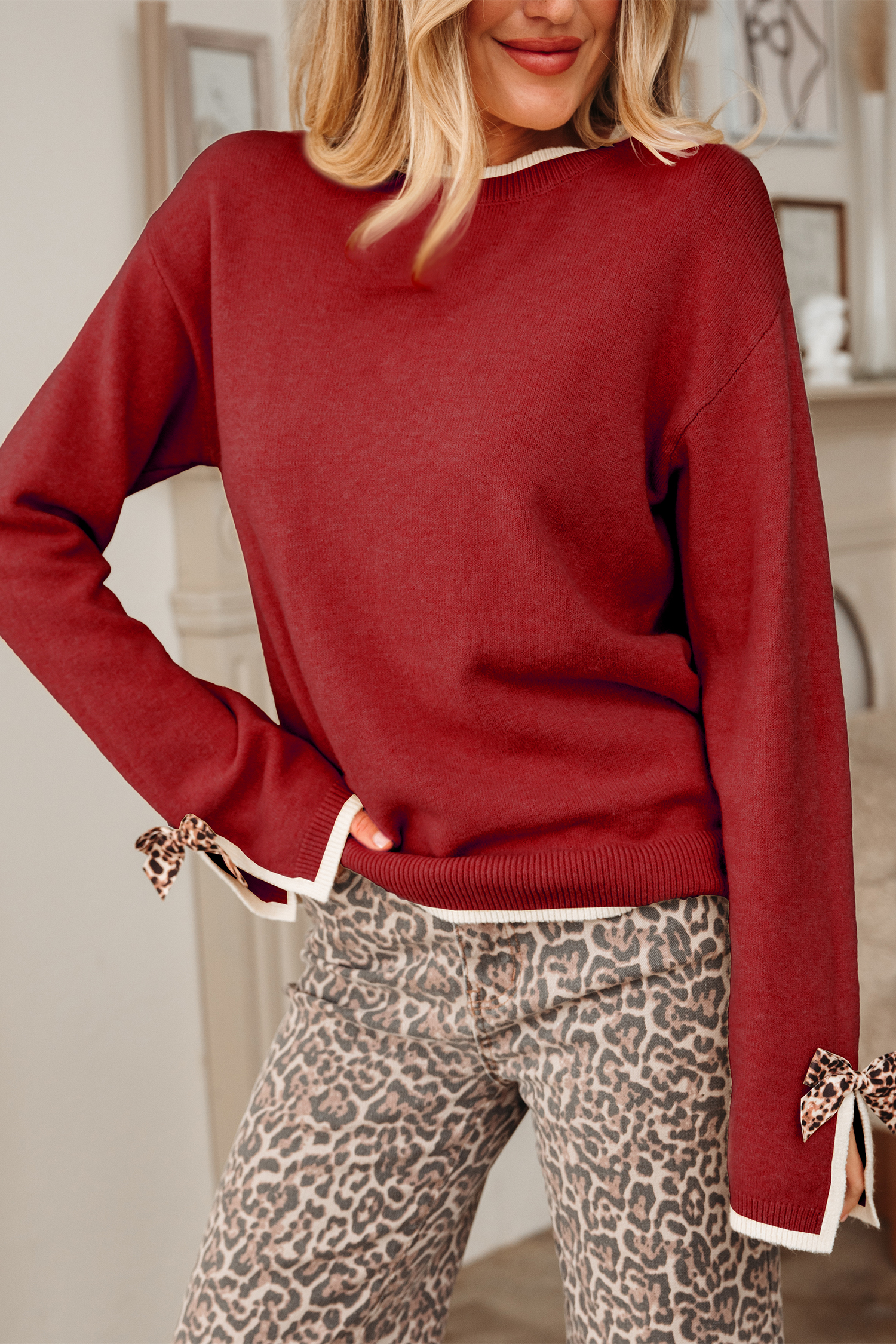 Racing Red Leopard Bow Decor Split Cuff Contrast Trim Sweater - Image 3
