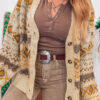 Khaki Western Pattern Knitted Button V Neck Cardigan Sweater