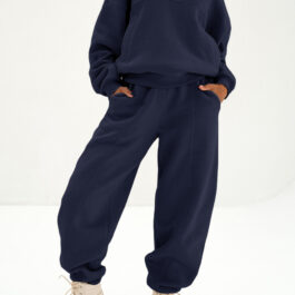 Navy Blue Solid Exposed Seams Hoodie and Joggers Activewear Set