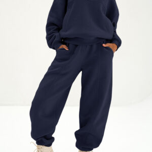 Navy Blue Solid Exposed Seams Hoodie and Joggers Activewear Set