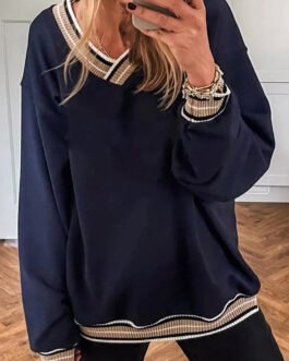 Navy Blue Varsity Contrast Striped Trim V Neck Sweatshirt