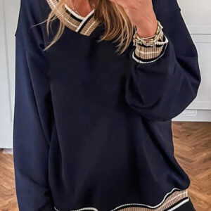 Navy Blue Varsity Contrast Striped Trim V Neck Sweatshirt