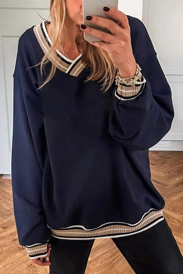 Navy Blue Varsity Contrast Striped Trim V Neck Sweatshirt