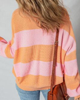 Orange Stripe Colorblock Half Zip Oversize Sweater