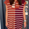 Khaki Stripe Color Block Quarter Zip Collar Short Sleeve Sweater Dress