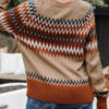 Khaki Aztec Print Colorblock Crew Neck Sweater