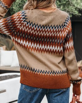 Khaki Aztec Print Colorblock Crew Neck Sweater