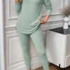 Grass Green Ribbed Notched Neck Knit Long Sleeve Leggings Two Pieces Lounge Set