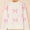 Pink Bow Print Ribbed Trim Exposed Seam Drop Shoulder Loose Sweater