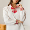 White Textured Knit Contrast Striped Accent Zipped Collar Pullover Top