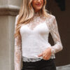 White Sheer Lace Mesh Mock Neck Slim Fit Long Sleeve Top