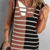Khaki Stripe Color Block Quarter Zip Collar Short Sleeve Sweater Dress