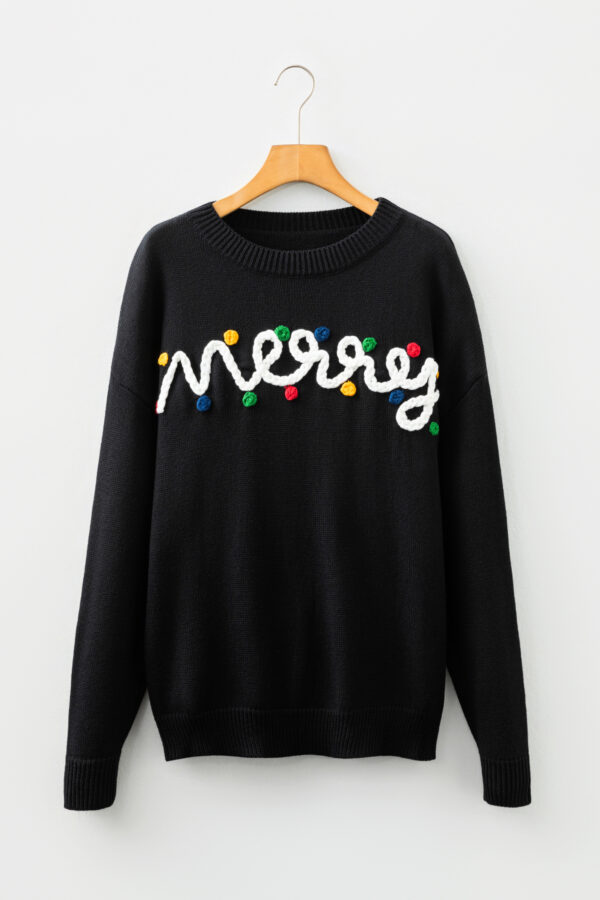 Black Merry Colorful Dot Detail Christmas Drop Shoulder Sweater
