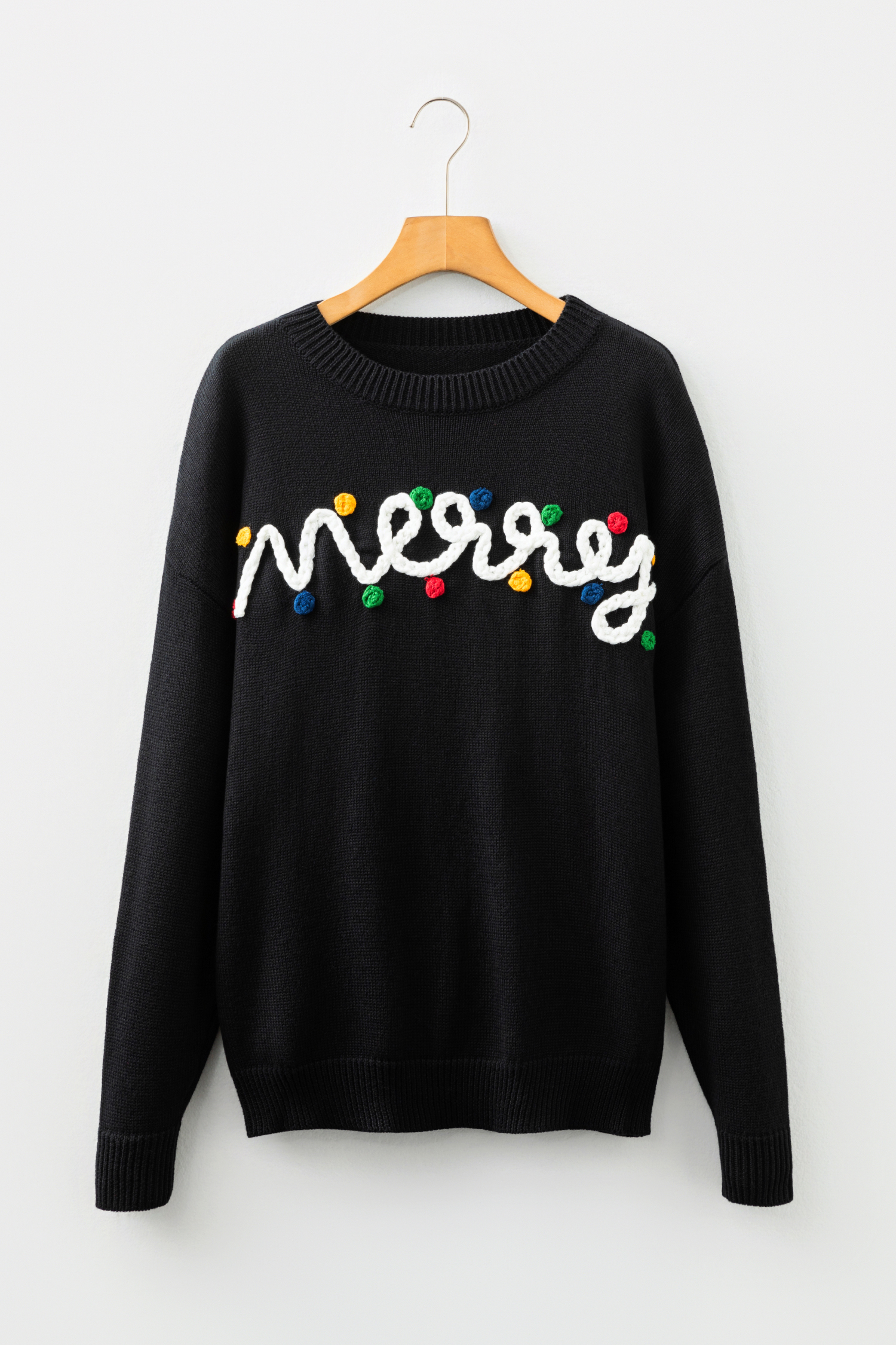 Black Merry Colorful Dot Detail Christmas Drop Shoulder Sweater - Image 7