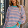 Rose Stripe Contrast Ribbed Trim Crossed Stitch Drop Shoulder Sweatshirt