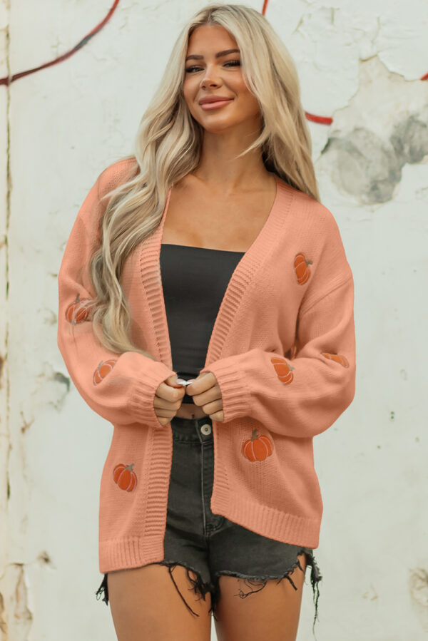 White Pumpkin Print Open Front Drop Shoulder Midi Cardigan