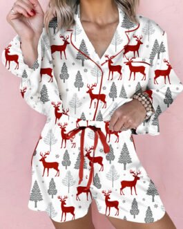 White Christmas Fashion Print Velvet Trim Bow Knot Pajama 2pcs Short Set