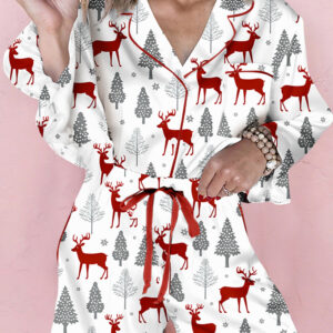 93425558-830ad7e74372e82c.jpg White Christmas Fashion Print Velvet Trim Bow Knot Pajama 2pcs Short Set