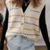 Multicolour Striped Print Button V Neck Sweater Vest