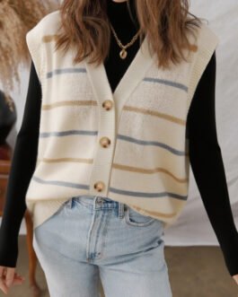 Multicolour Striped Print Button V Neck Sweater Vest
